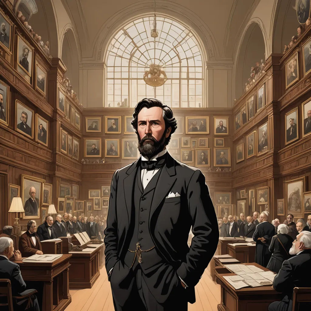a painting of abraham lincoln in a courtroom with people seated at desks and paintings on the walls of the room, academic art, a detailed matte painting, Archibald Standish Hartrick, highly detailed digital painting