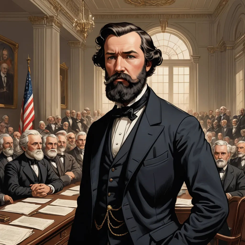a painting of a man in a suit standing in front of a table with a lot of people in the background, classical realism, a character portrait, Charles Mahoney, set in 1860
