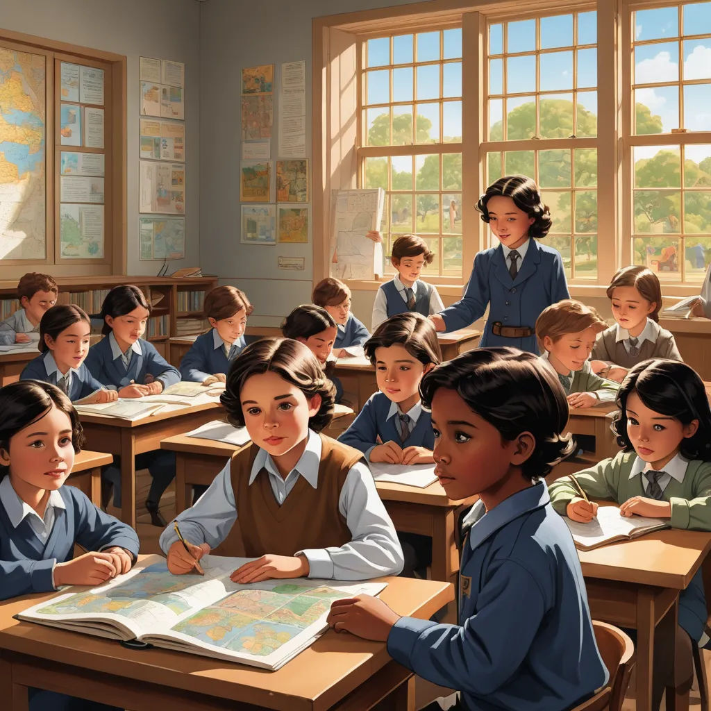 a painting of a classroom full of students with a teacher in the background looking at a book and a map, paris school, a storybook illustration, F Scott Hess, official art