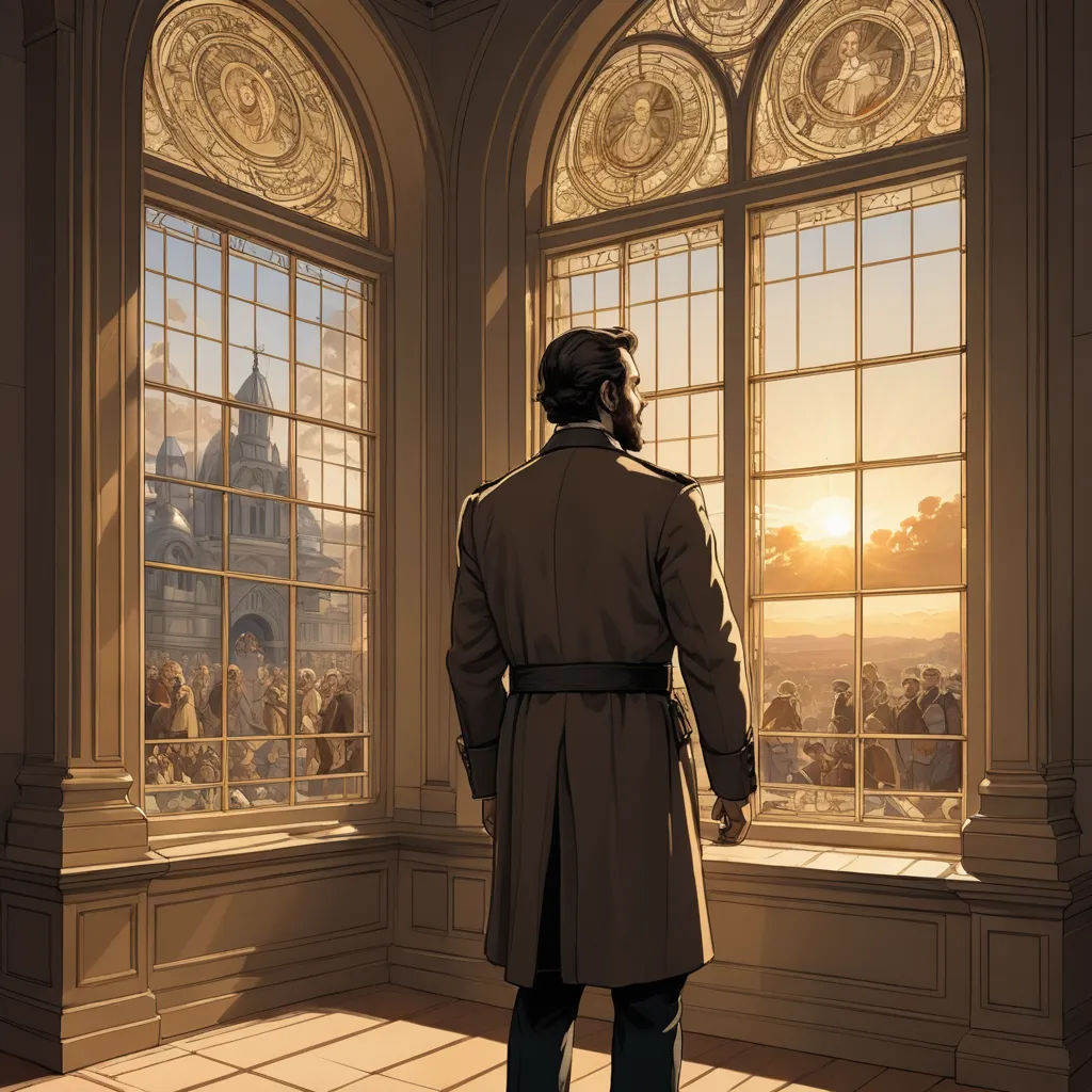 a man looking out a window at a castle with a clock tower in the background and a person standing in front of the window, private press, a comic book panel, Edgar Ainsworth, graphic novel