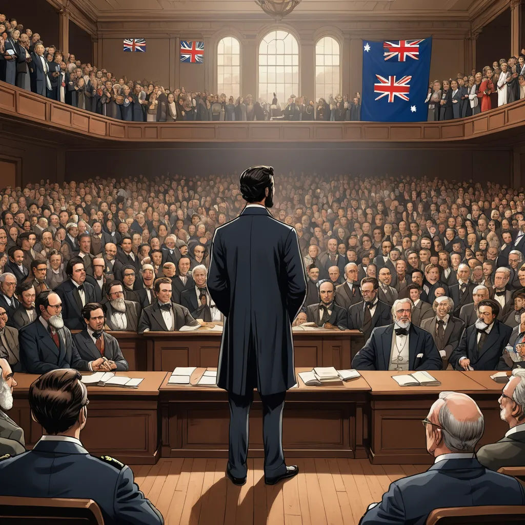 a man standing in front of a large group of people in a courtroom with a flag hanging above him, fantastic realism, a detailed matte painting, Benjamin Williams Leader, cryengine