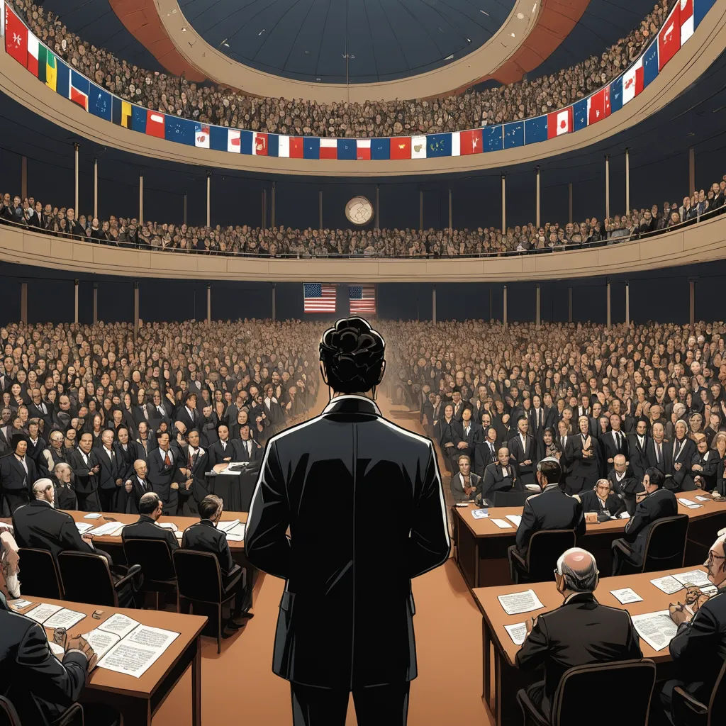 a man standing in front of a large room filled with people sitting at desks and flags hanging from the ceiling, socialist realism, a comic book panel, Cedric Seaut (Keos Masons), graphic novel