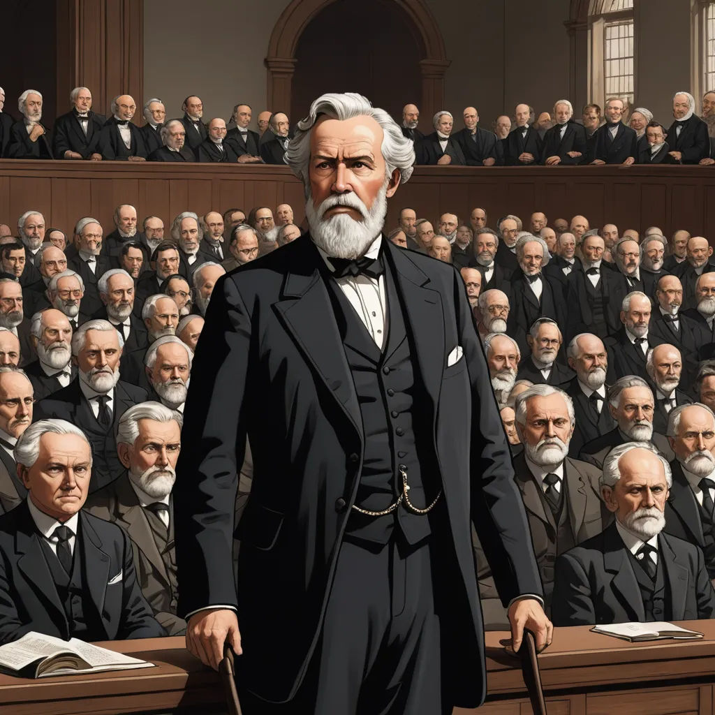 a painting of a man standing in front of a crowd of men in suits and ties in a courtroom, classical realism, a comic book panel, Archibald Robertson, official art