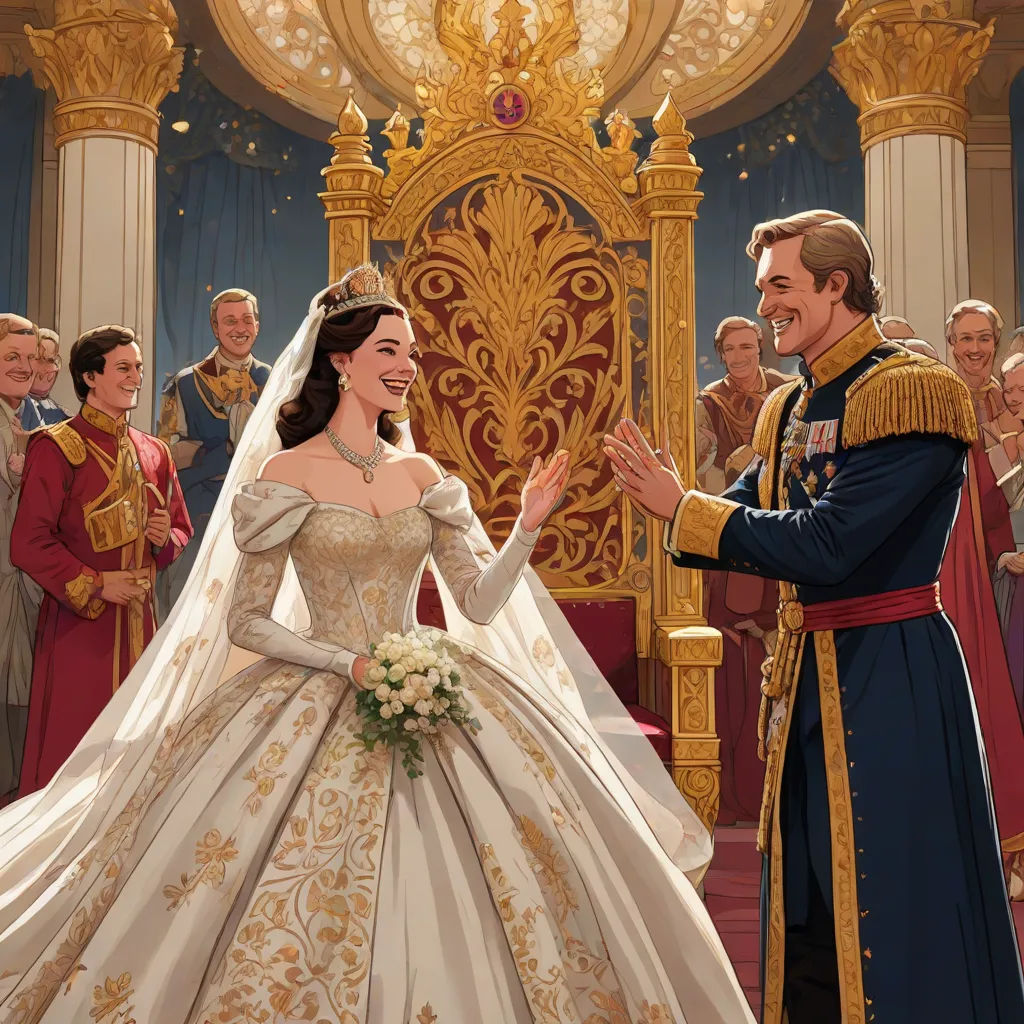 a painting of a man and woman in wedding dresses talking to each other in front of a crowd of people, magical realism, a storybook illustration, Christopher Moeller, official art