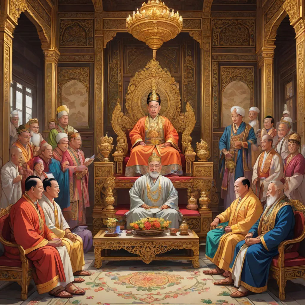 a painting of a group of people sitting in a room with a buddha statue in the middle of the room, academic art, a detailed painting, Emperor Huizong of Song, highly detailed digital painting