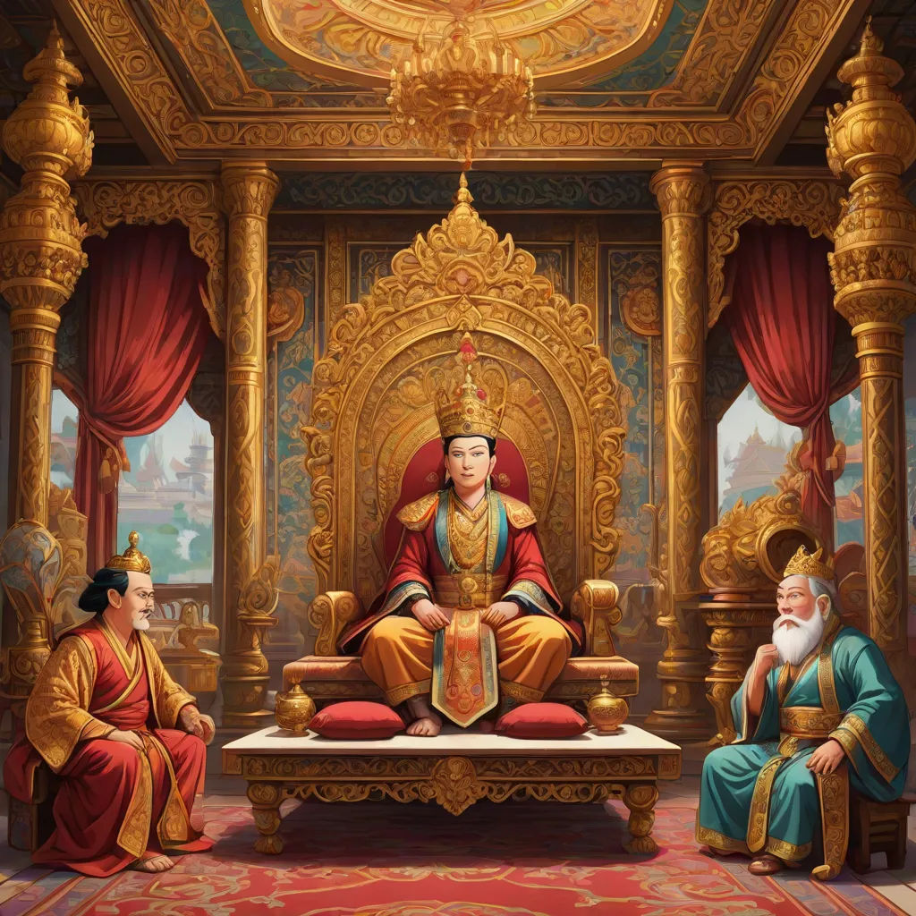 a painting of a man sitting on a throne with two other men sitting on a bench in front of him, fantasy art, a detailed painting, Emperor Huizong of Song, highly detailed digital painting