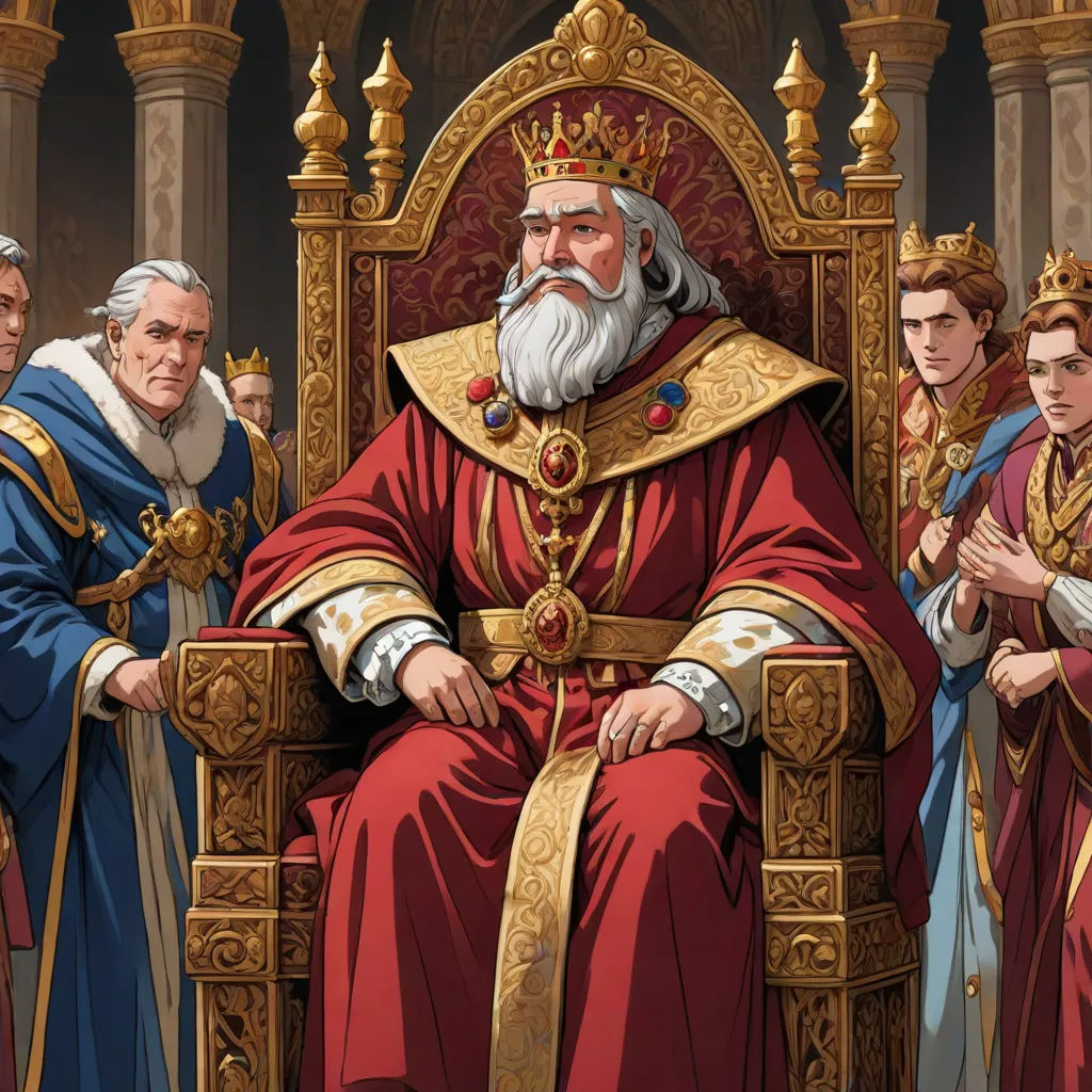 a cartoon of a king sitting on a throne surrounded by other men and women in robes and robes,, neoism, a storybook illustration, Edward Otho Cresap Ord, II, game of thrones
