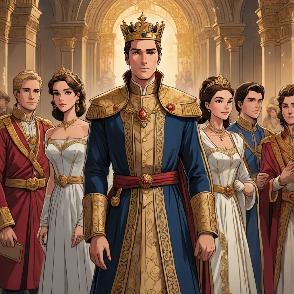 a group of people in renaissance costumes standing in a line with a man in a crown on his head, sots art, a storybook illustration, Charles Bird King, official art
