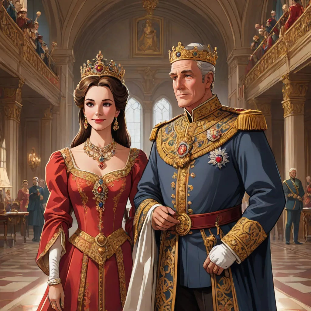 a man and woman dressed in medieval clothing standing next to each other in a palace setting with a man in a crown, sots art, a detailed painting, Charles Bird King, official art