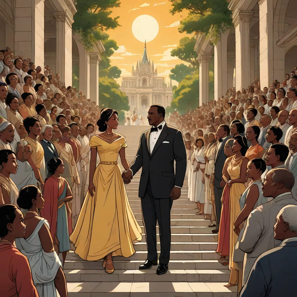 a man and woman standing in front of a crowd of people in formal wear and in formal dress, holding hands, harlem renaissance, a comic book panel, Chris LaBrooy, official art