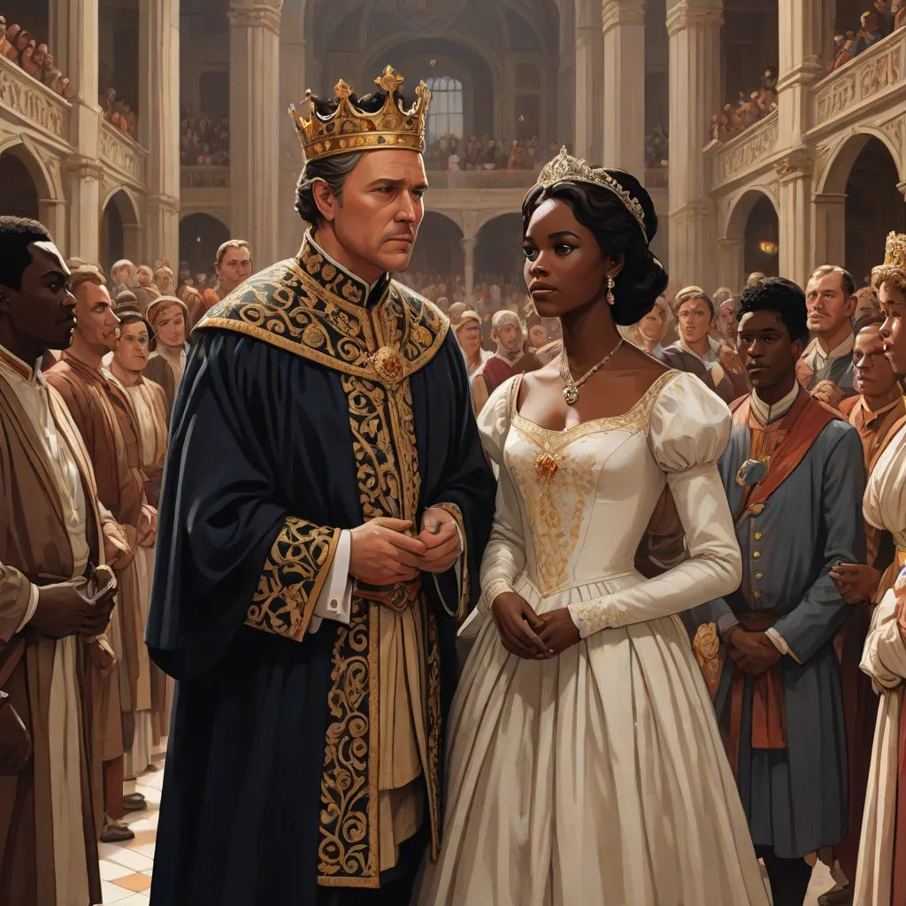 a painting of a man and woman in wedding dresses standing in a church together, surrounded by other people, renaissance, an ultrafine detailed painting, Bastien Lecouffe-Deharme, mars ravelo and greg rutkowski