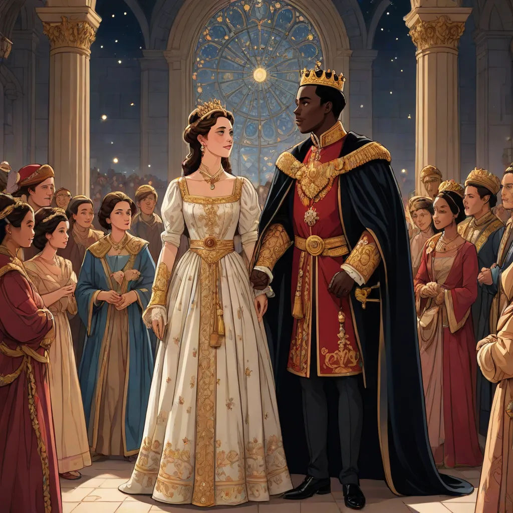 a man and woman dressed in medieval clothing standing in front of a crowd of people in renaissance dress and regal regalities, sots art, a storybook illustration, Charles Bird King, official art