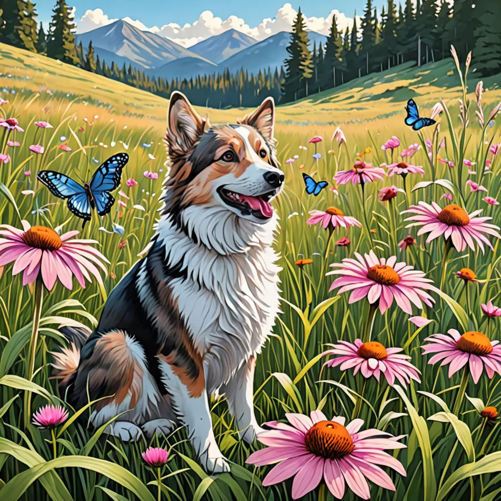 a dog sitting in a field of flowers with a butterfly flying above it and a mountain in the background, american scene painting, a fine art painting, Chris LaBrooy, kinkade