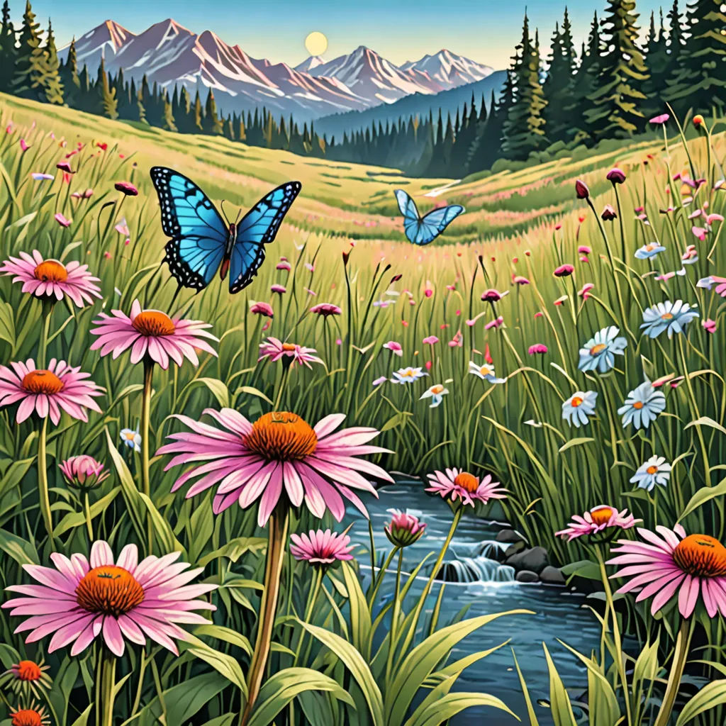 a painting of a field with flowers and a butterfly flying over it, with a stream running through it, ecological art, an airbrush painting, David A Hardy, nature
