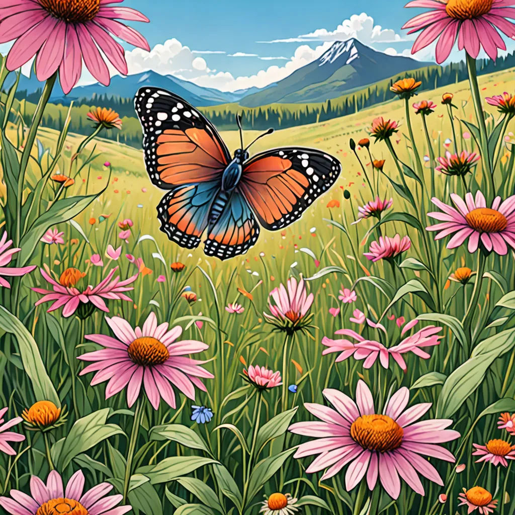 a painting of a butterfly flying over a field of flowers and daisies with mountains in the background and a blue sky, psychedelic art, an airbrush painting, Dan Mumford, josan gonzales and dan mumford