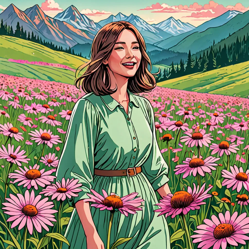 a woman standing in a field of flowers with mountains in the background and a sky with clouds in the background, aestheticism, a poster, Choi Buk, high detail illustration