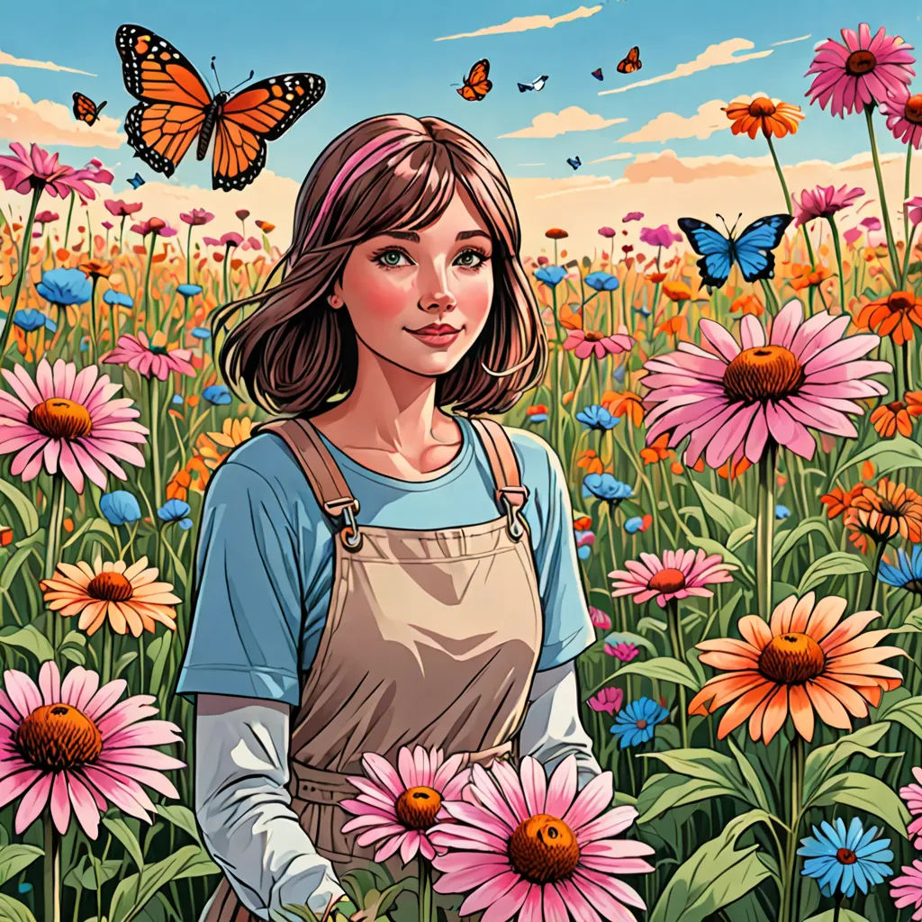 a woman standing in a field of flowers with a butterfly flying above her head and a blue sky in the background, process art, a comic book panel, Colin Middleton, comic cover art