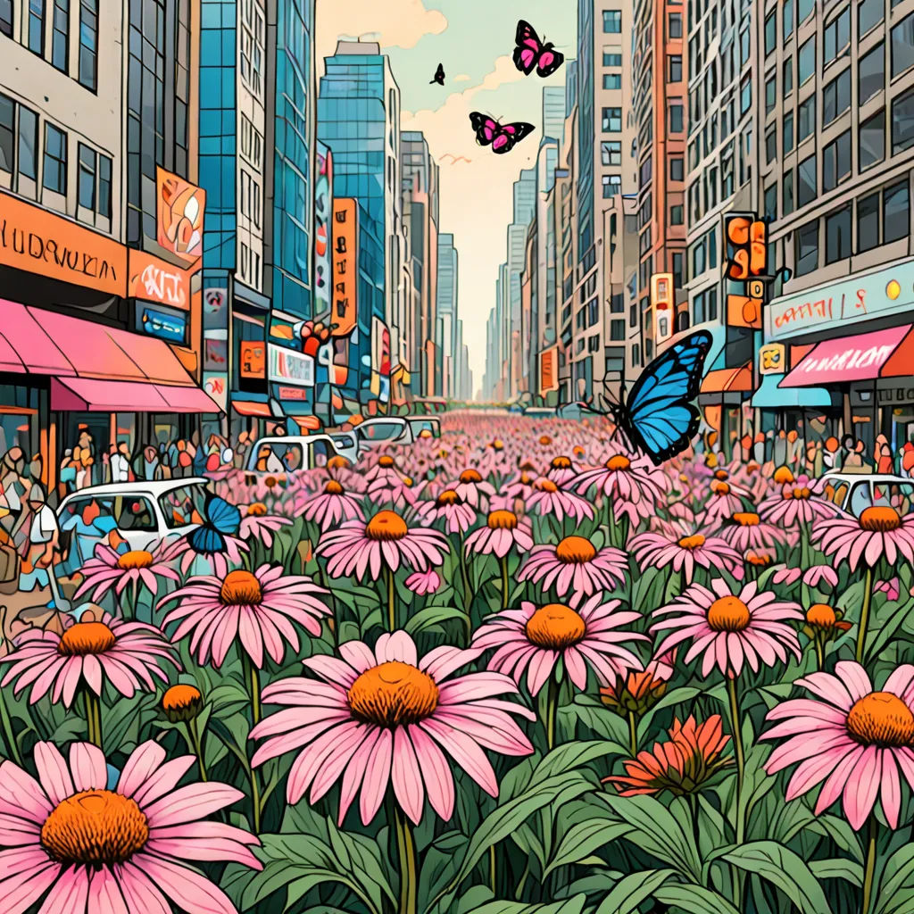 a painting of a city street with a lot of flowers in the foreground and a butterfly flying over the flowers, psychedelic art, an illustration of, Chris LaBrooy, josan gonzales and dan mumford