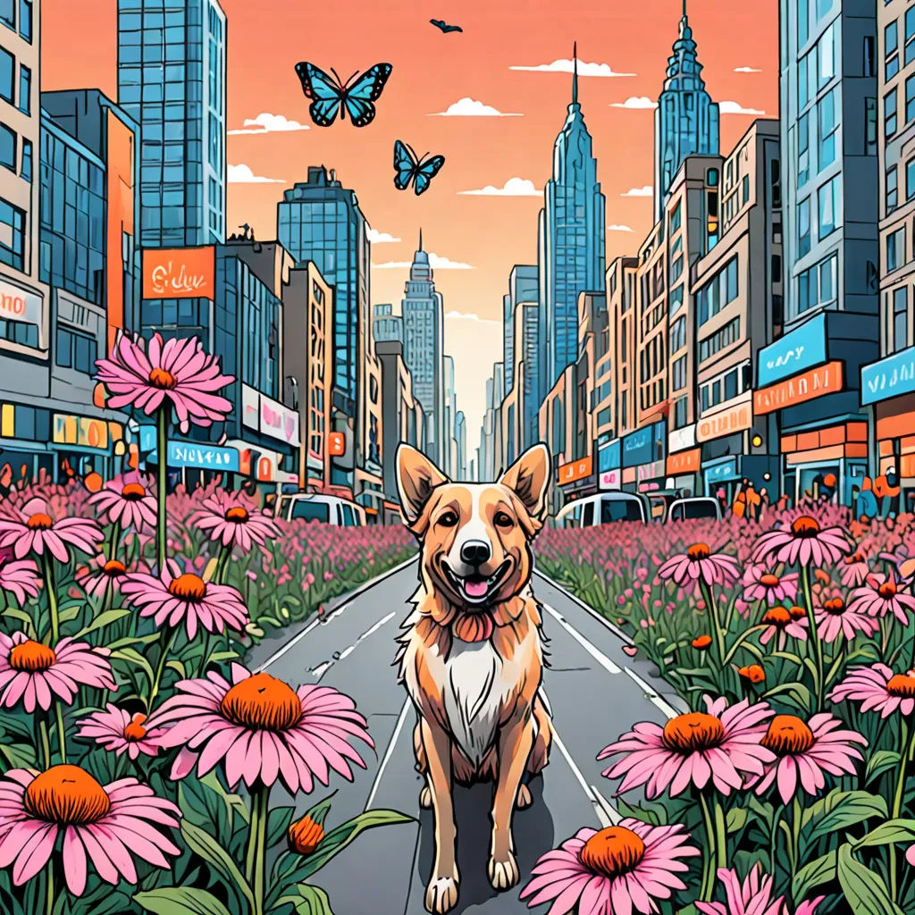 a dog sitting in a field of flowers with a city in the background with a butterfly flying overhead and a pink flower in the foreground, maximalism, an album cover, Dan Mumford, josan gonzales and dan mumford
