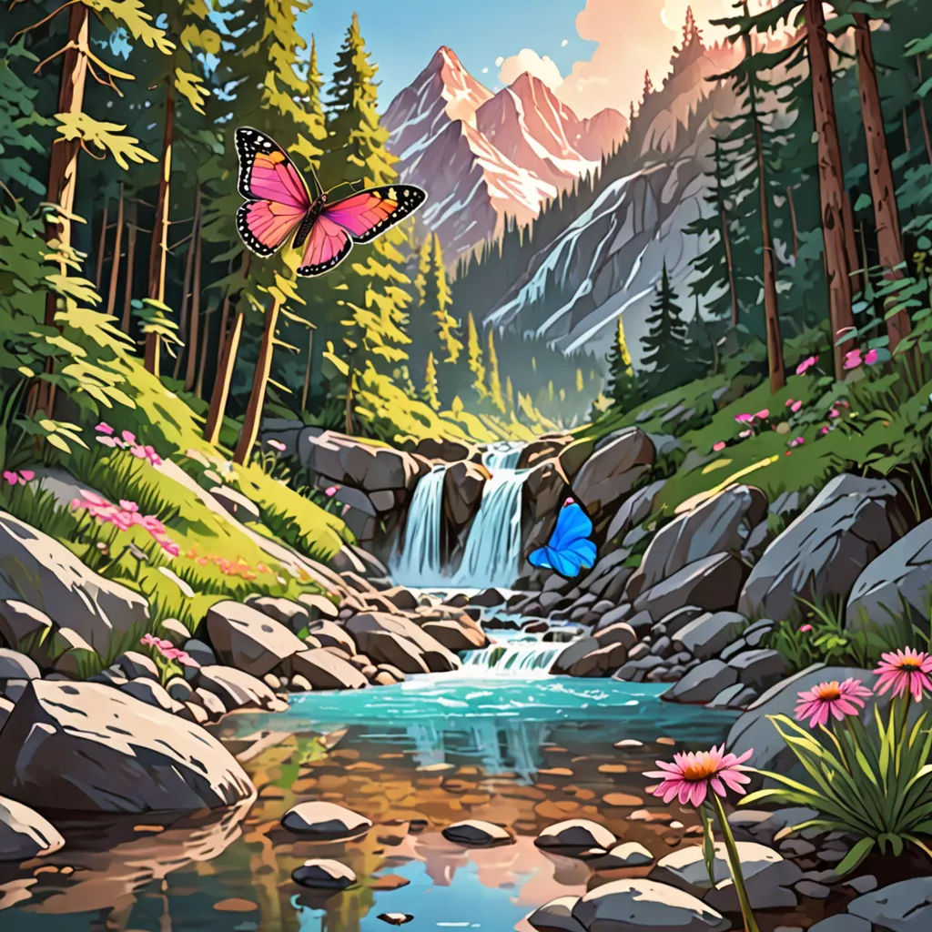 a painting of a stream with a butterfly flying over it and a forest with flowers and trees in the background, environmental art, an airbrush painting, Dan Mumford, kinkade