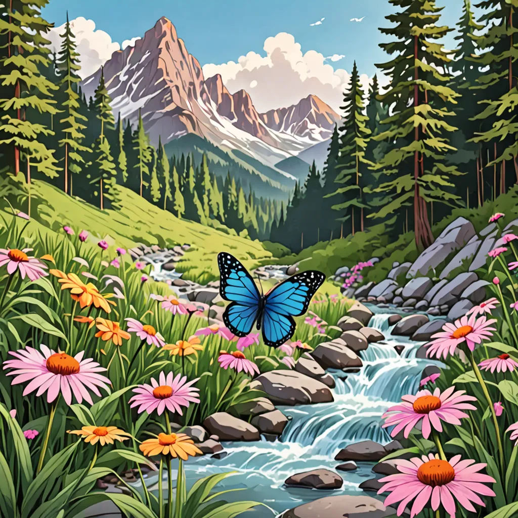 a painting of a mountain stream with a blue butterfly flying over it and flowers in the foreground and a forest with a mountain in the background, environmental art, a storybook illustration, Dan Mumford, nature