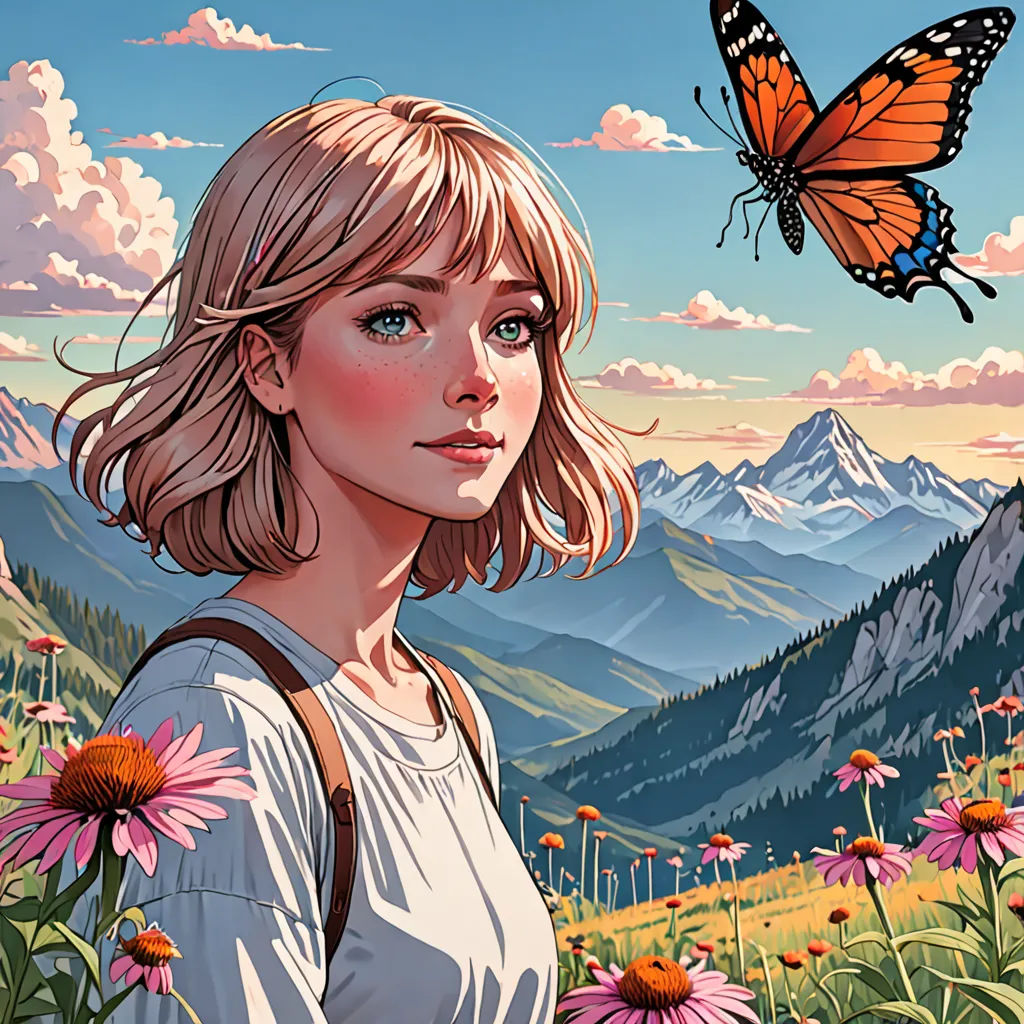 a woman standing in a field of flowers with a butterfly flying over her head and mountains in the background, fantasy art, a detailed painting, Atey Ghailan, rossdraws global illumination