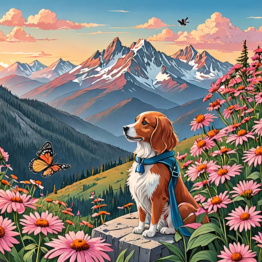 a dog sitting on a rock in a field of flowers with a butterfly flying above it and a mountain range in the background, naive art, a storybook illustration, Chris LaBrooy, josan gonzales and dan mumford