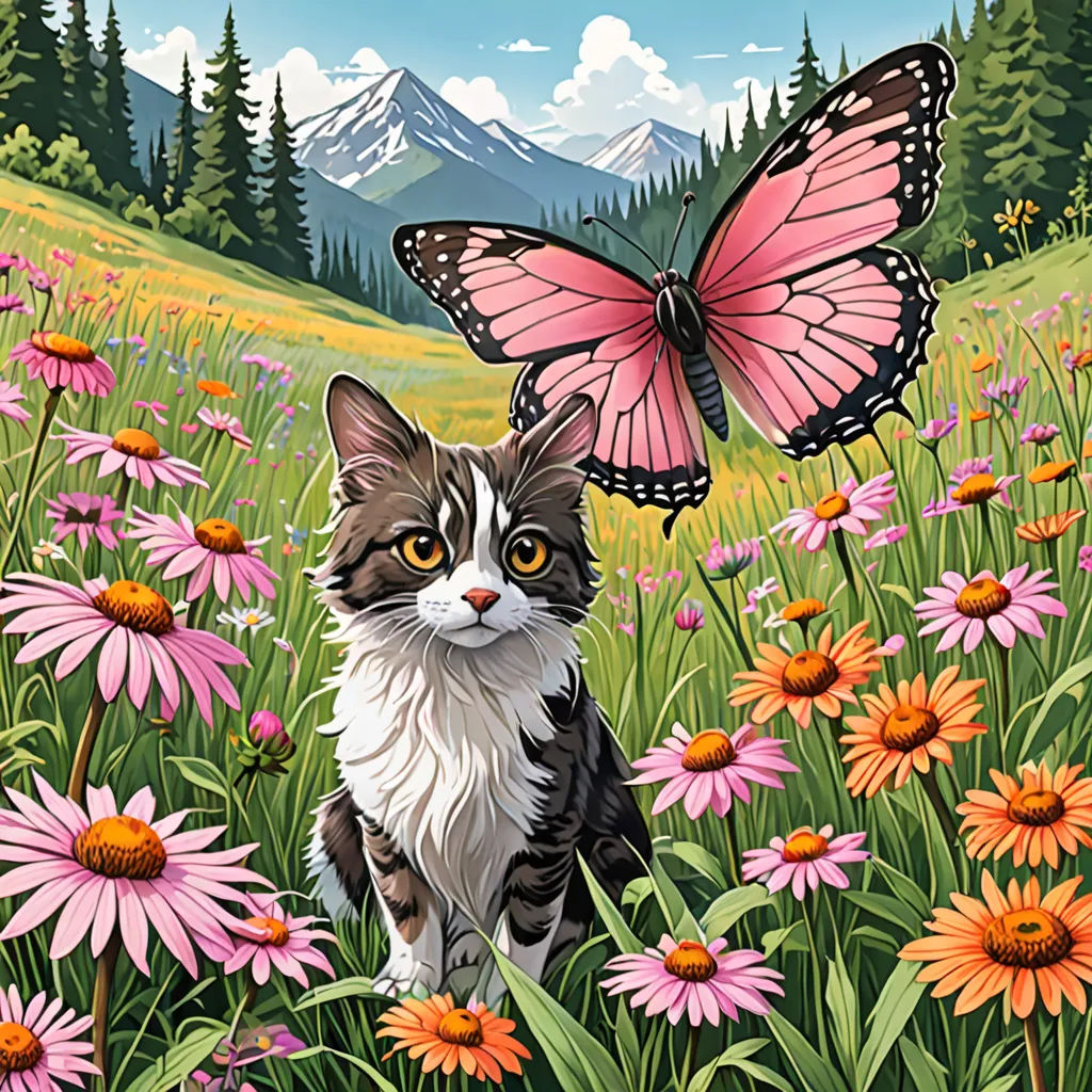 a cat sitting in a field of flowers with a butterfly on its head and a mountain in the background, environmental art, a storybook illustration, Dan Mumford, promotional image