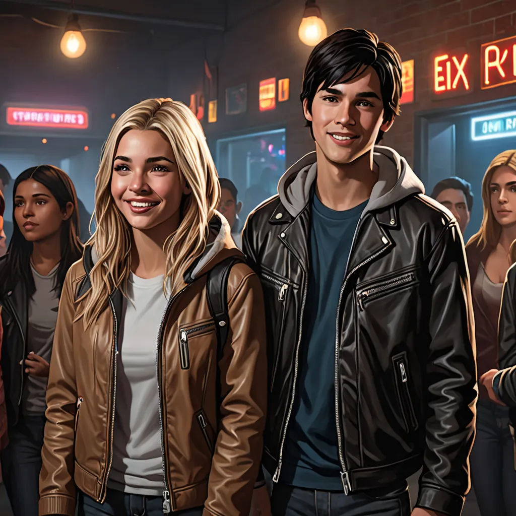 a group of people standing in a line in a room with a sign that says exit riverdale on it, Cedric Seaut (Keos Masons), american scene painting, concept art, key art