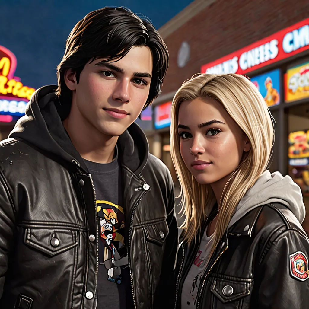 a man and a woman standing in front of a store front with a pizza hut in the background and a neon sign, disney, american scene painting, concept art, promotional image