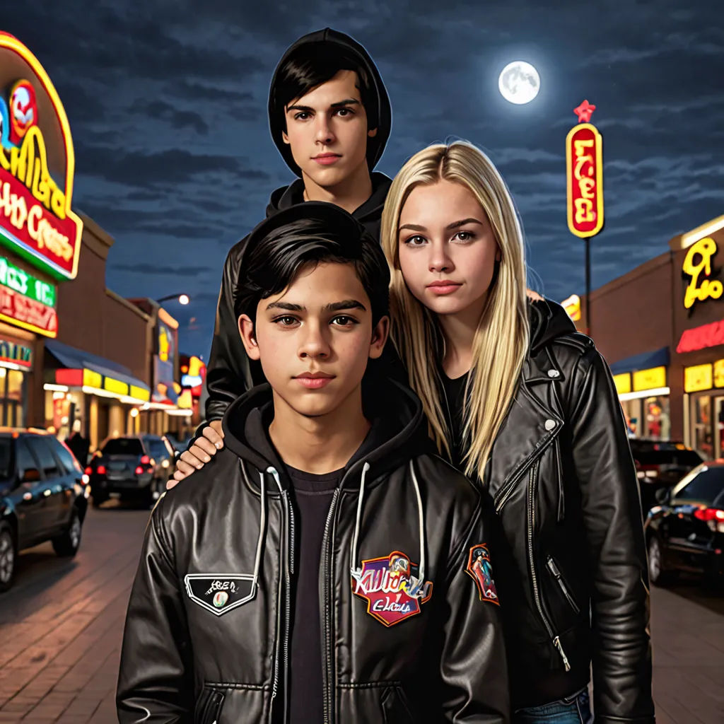 a man and a woman standing in front of a store front at night with a full moon in the sky, Felix-Kelly, lowbrow, a poster, promotional image