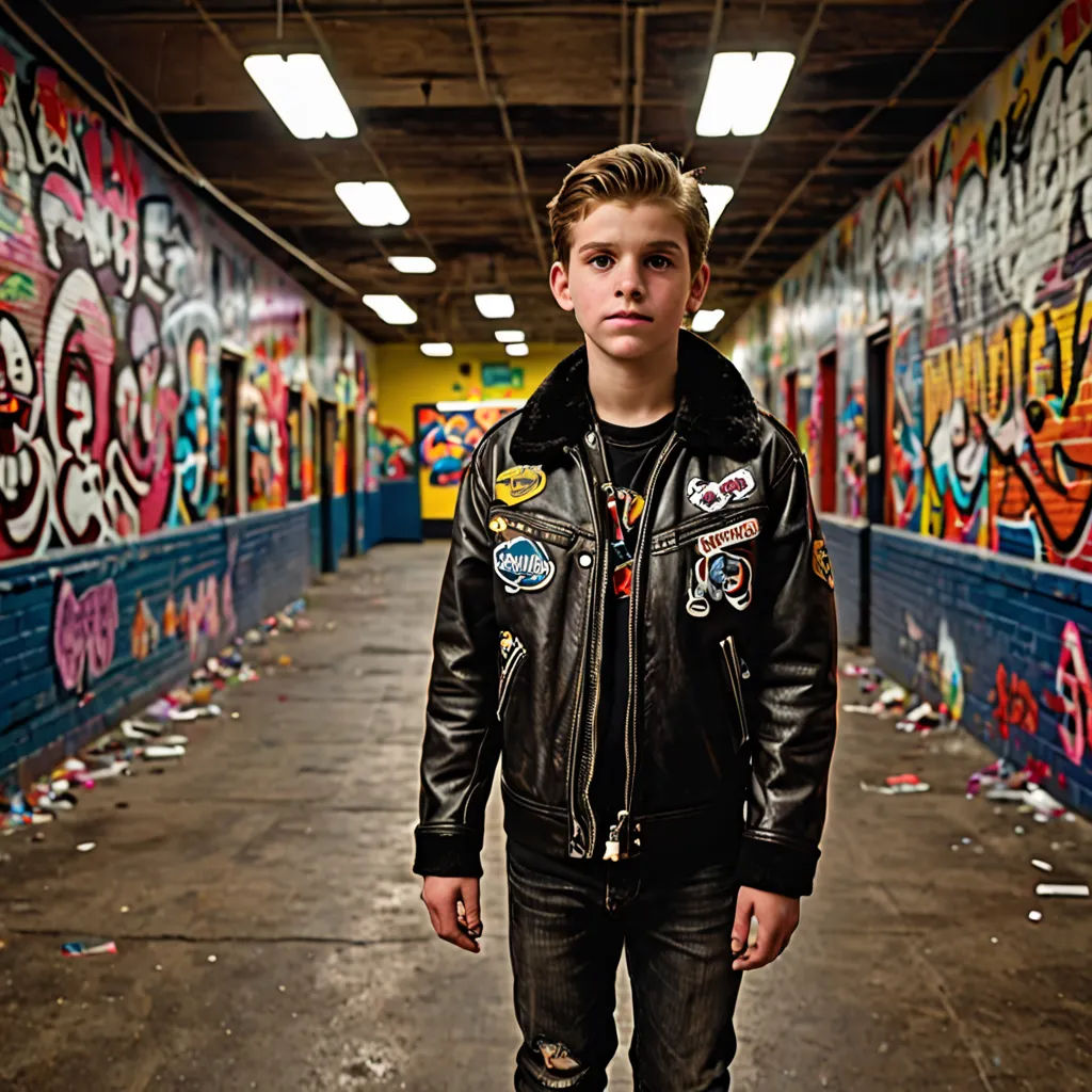 a young man standing in a graffiti covered hallway with a skateboard in his hand and a black jacket on, Chase Stone, graffiti, graffiti art, kai carpenter