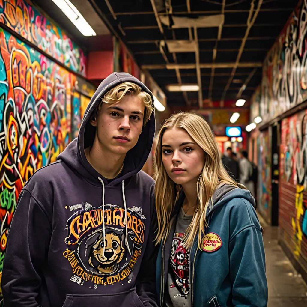 a man and a woman standing in front of a wall covered in graffiti and a doorway with a door, Caspar Wolf, graffiti, graffiti art, movie still