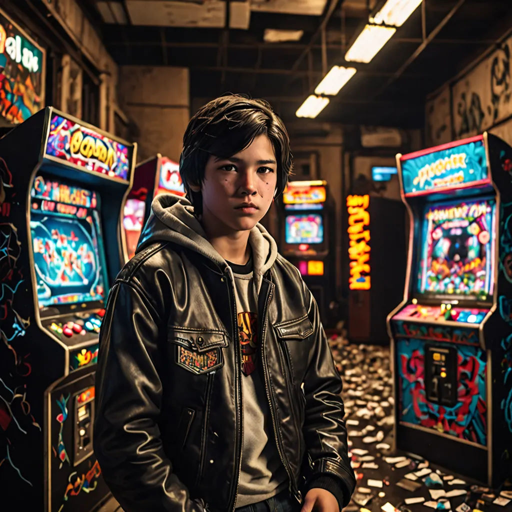 a man standing in front of a bunch of pinball machines in a room with a lot of other machines, Adrian Zingg, neogeo, a character portrait, promotional image