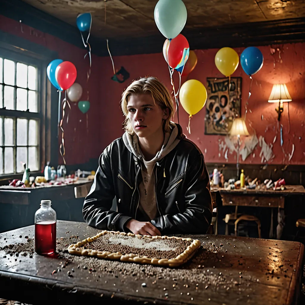 a man sitting at a table with a cookie and a bottle of soda in front of him and balloons in the background, Caspar Wolf, private press, poster art, promotional image