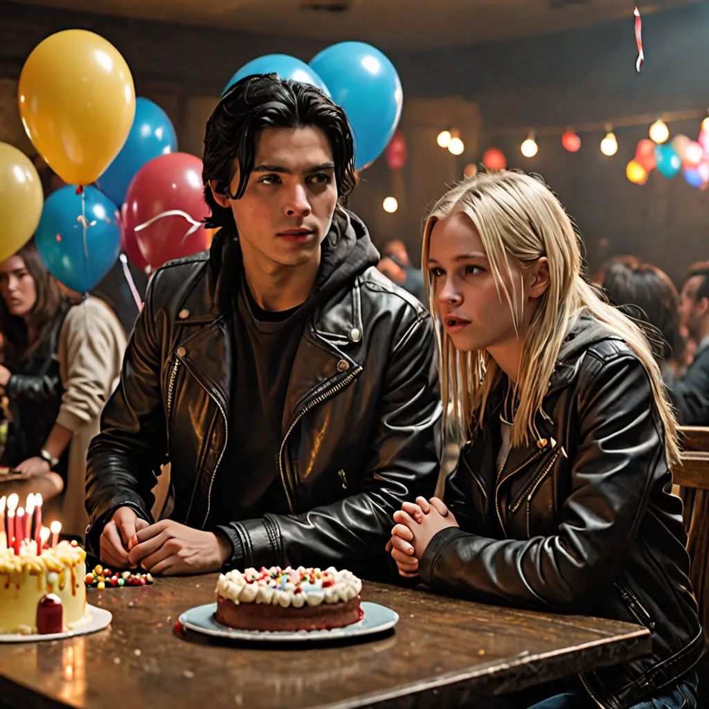 a man and a woman sitting at a table with a cake and balloons in the background, with a birthday cake on the table, Eddie Mendoza, international gothic, a poster, promotional image
