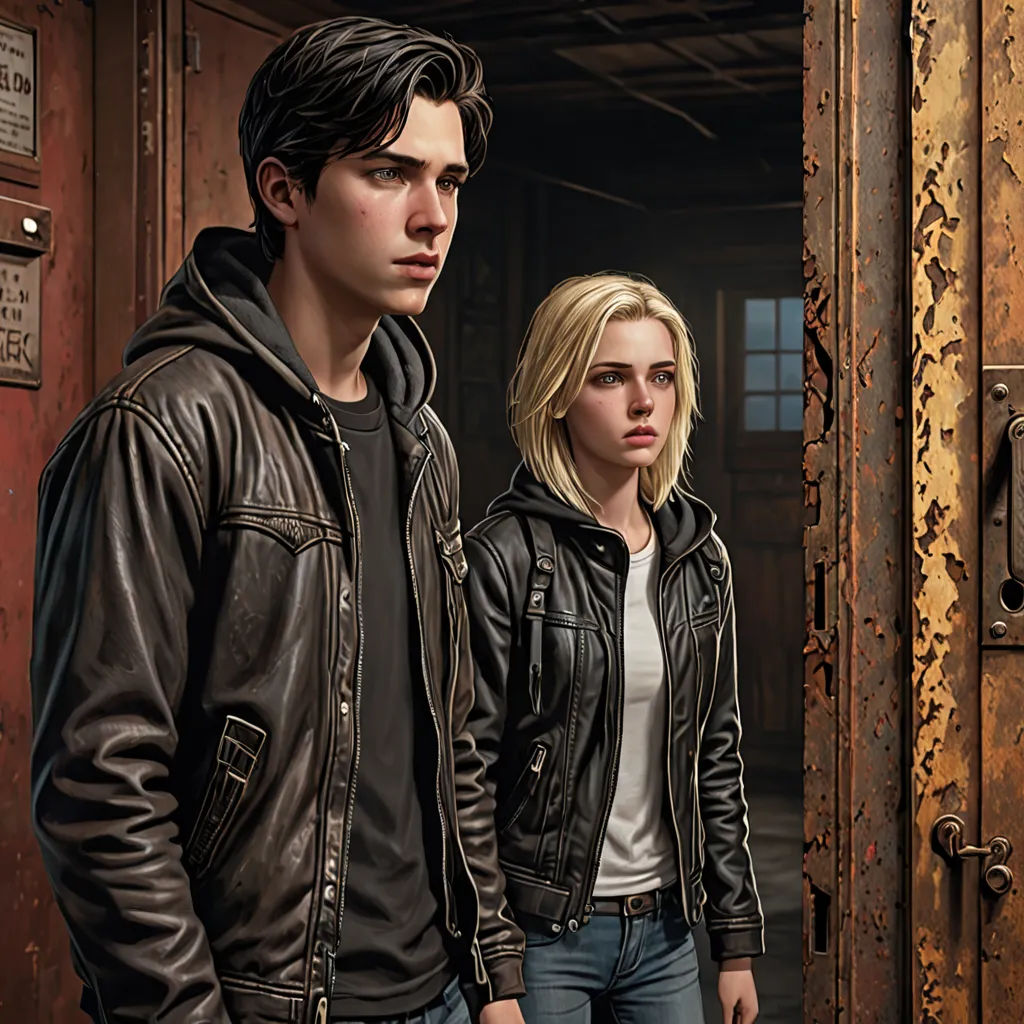 a man and a woman standing in a doorway of a building with a clock on the wall behind them, Felix-Kelly, photorealism, concept art, key art