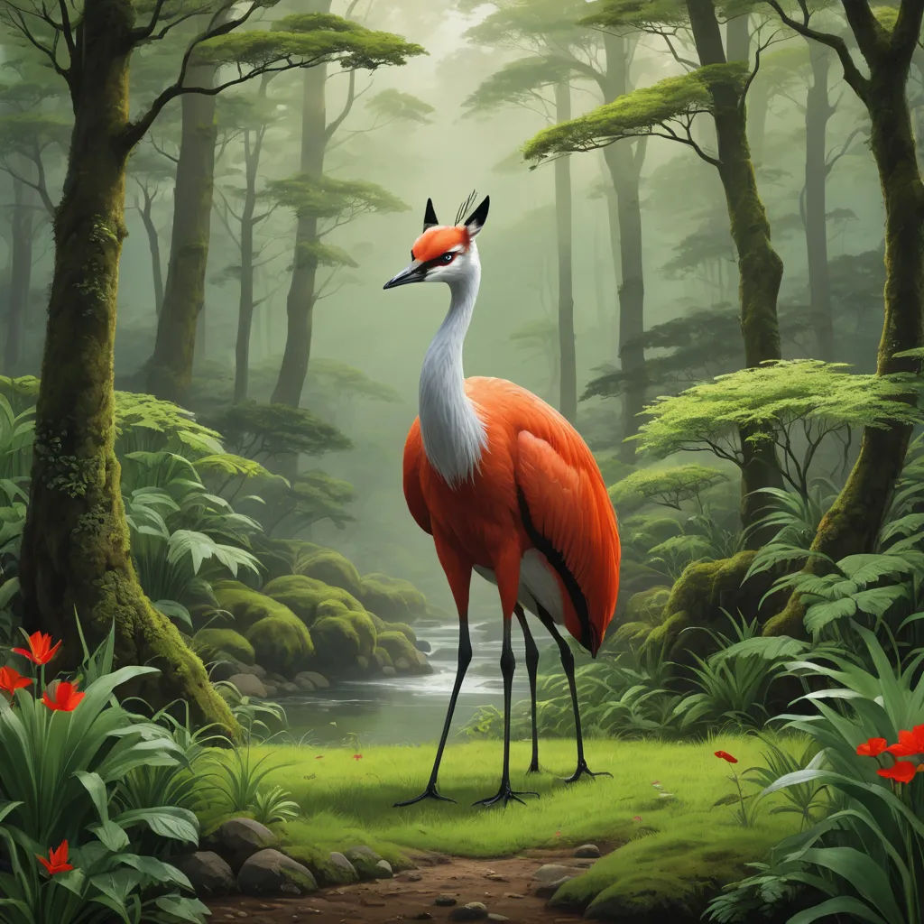 a painting of a bird standing in a forest with a stream in the background and trees and flowers around it, fantasy art, a digital painting, Chris LaBrooy, highly detailed digital painting