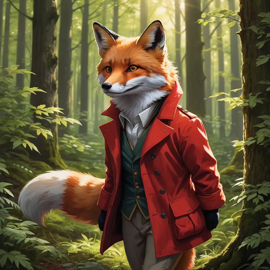a painting of a fox in a red jacket and a forest scene with trees and grass and a man in a red jacket, furry art, a digital painting, Aaron Jasinski, official art