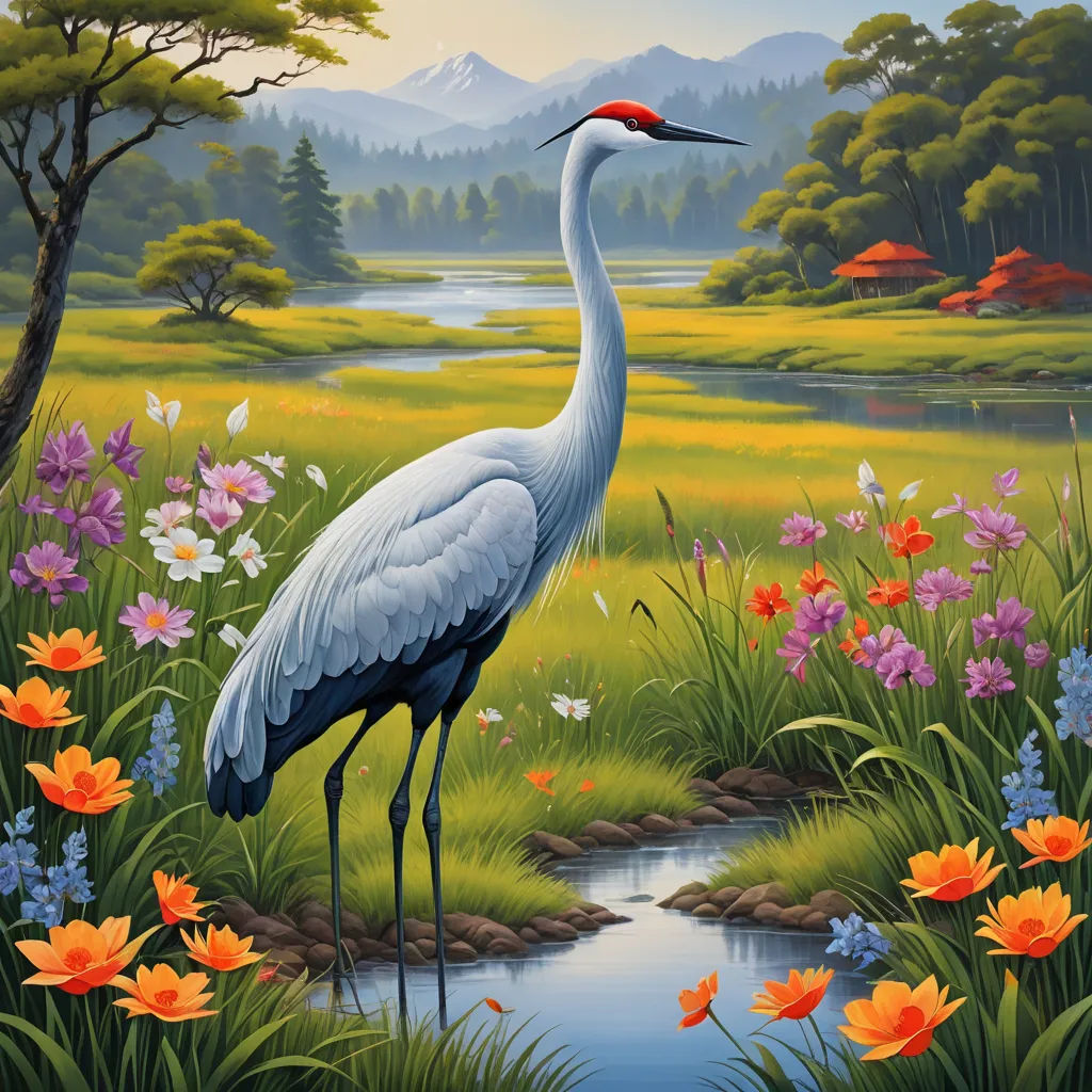 a painting of a crane standing in a field of flowers and grass near a stream of water with a mountain in the background, american scene painting, a fine art painting, Chris LaBrooy, nature