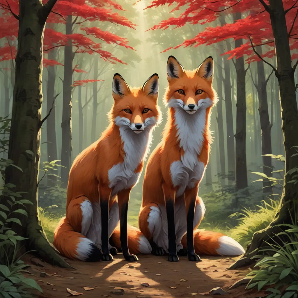 two foxes sitting in the woods with red leaves on the trees behind them, one of them looking at the camera, furry art, a digital painting, Brothers Hildebrandt, official art