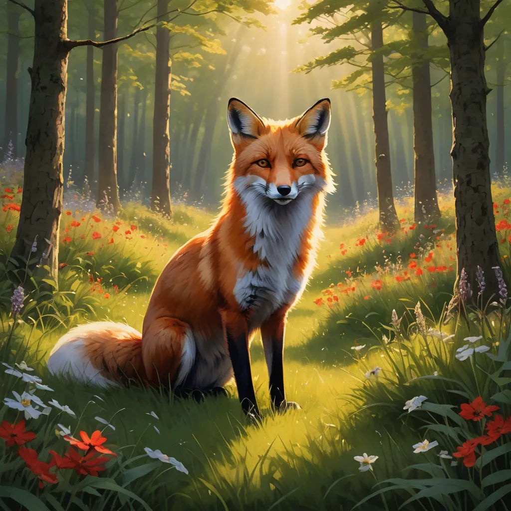 a painting of a fox sitting in a forest with flowers and trees in the background, with the sun shining through the trees, furry art, a digital painting, Dan Mumford, official art