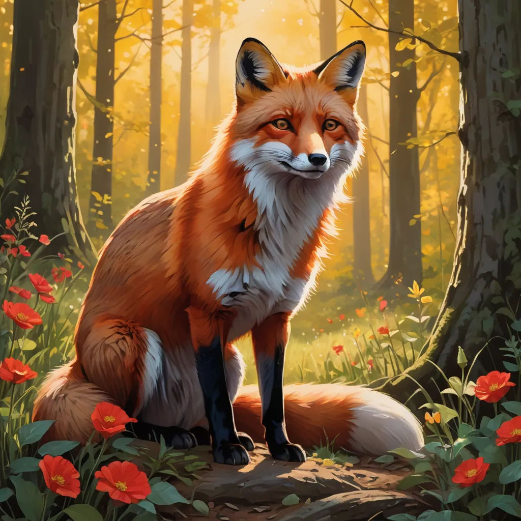 a painting of a fox sitting in a forest with red flowers on the ground and trees in the background, furry art, a fine art painting, Dan Mumford, official art