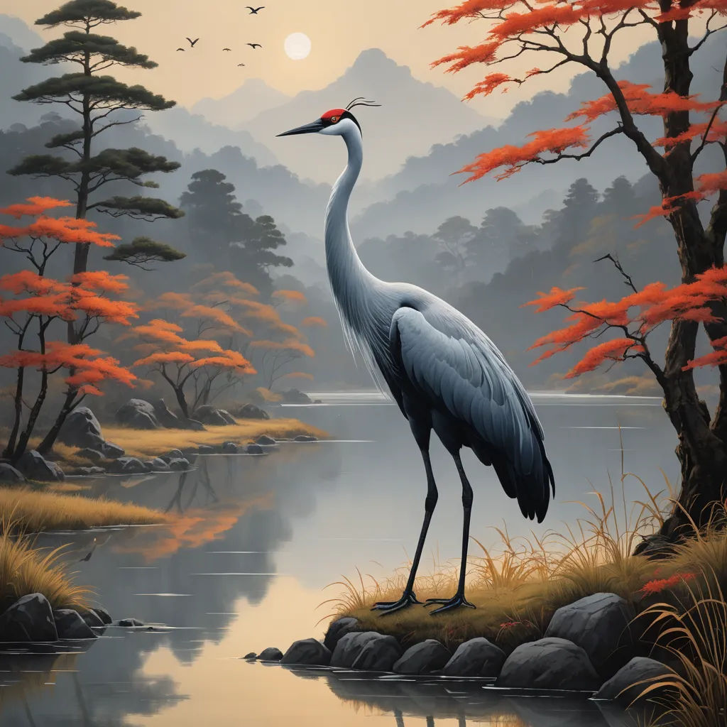 a painting of a crane standing on a rock in a lake with trees and birds flying around it and a full moon in the sky, american scene painting, an airbrush painting, Dan Mumford, highly detailed digital painting
