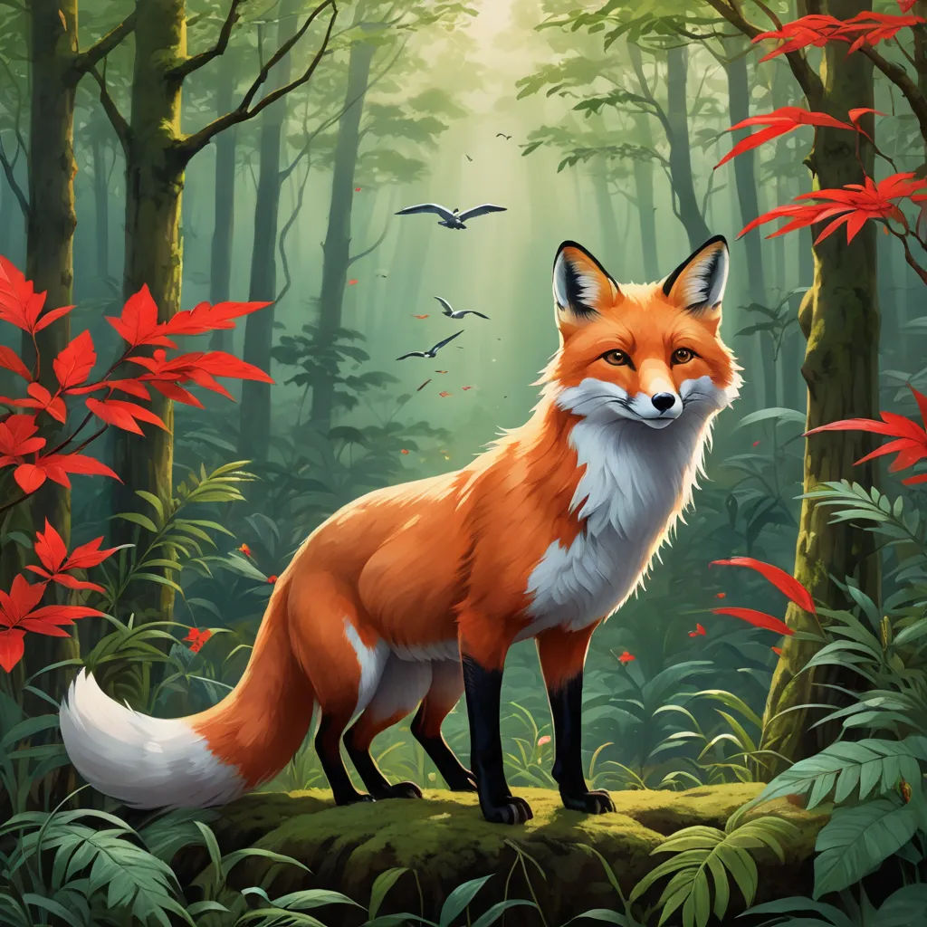 a fox standing in the middle of a forest with red flowers and birds flying around it, with a bright light coming from behind, fantasy art, a digital painting, Dan Mumford, official art