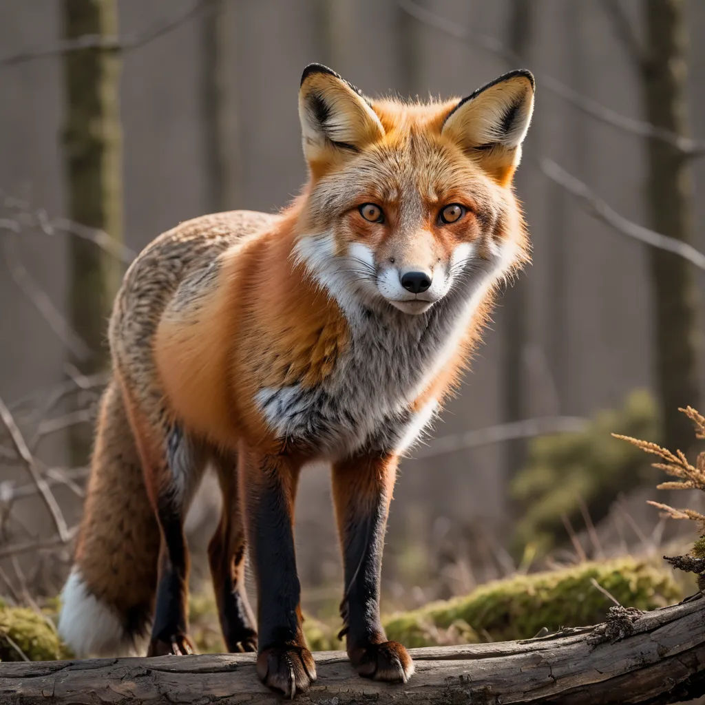 a red fox standing on a log in the woods looking at the camera with a sad look on its face, furry art, a stock photo, Elke Vogelsang, animal photography