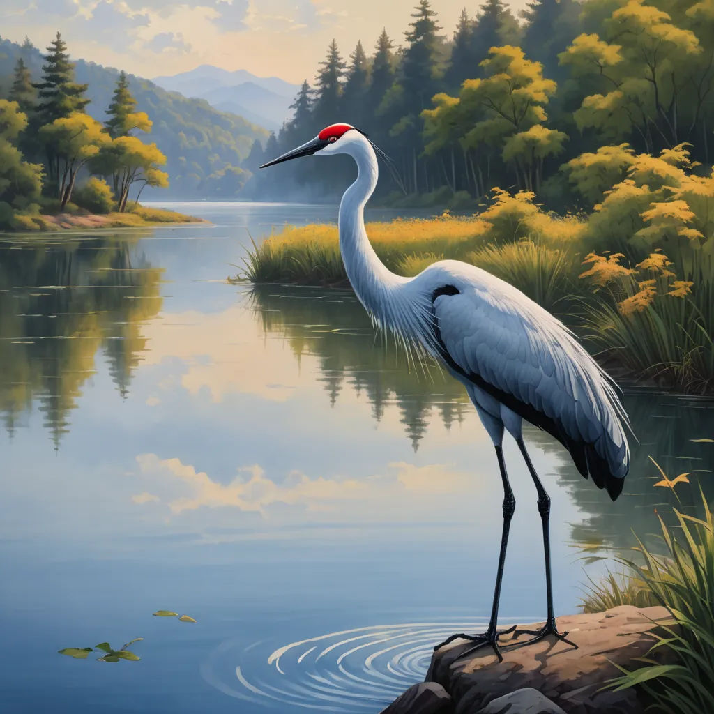 a painting of a crane standing on a rock in a lake with a mountain in the background and a body of water, american scene painting, an ultrafine detailed painting, David Martin, highly detailed digital painting