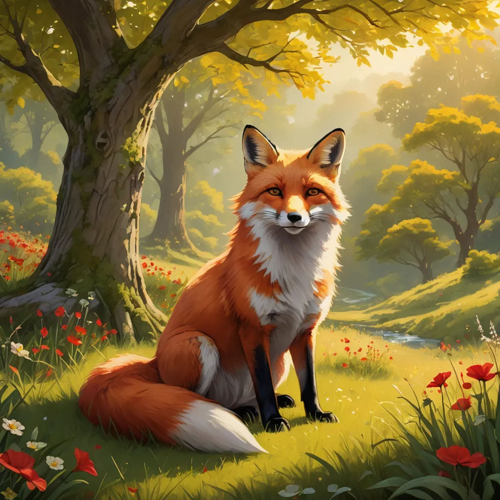 a painting of a fox sitting in a field of flowers and trees with a stream running through it's center, furry art, a storybook illustration, Chris LaBrooy, official art