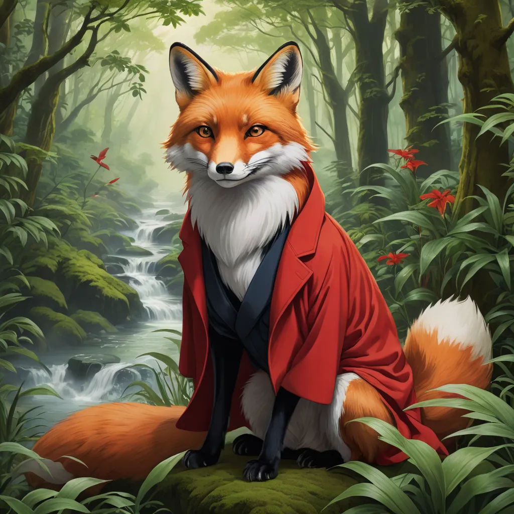 a painting of a fox in a red coat sitting on a rock in a forest with a stream running through it, furry art, a character portrait, Aaron Jasinski, official art
