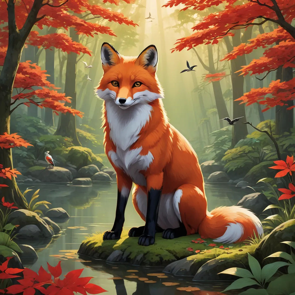 a fox sitting on a rock in a forest with red leaves and a stream of water in front of it, furry art, a painting, Chris LaBrooy, official art